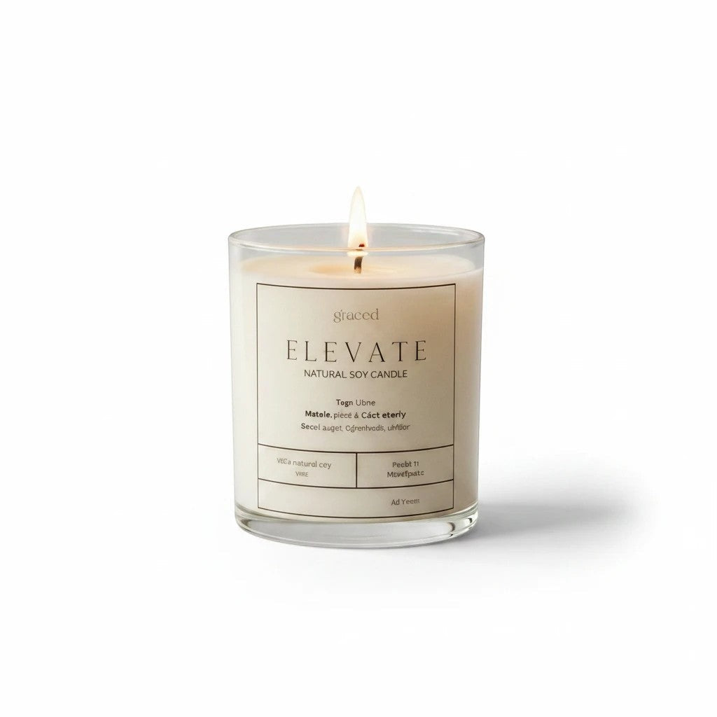 Grace Elevated Natural Soy Wax Candle from graced, showcasing a sleek, minimalist candle in a glass holder with a lit wick.