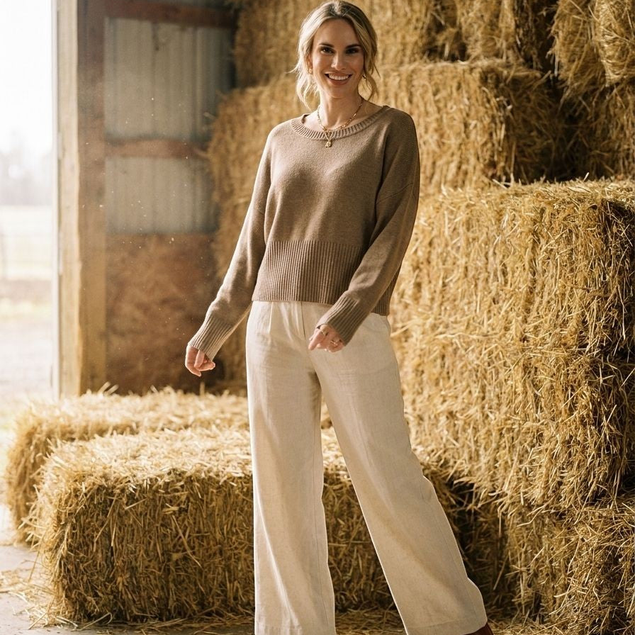 Woman wearing a graced Eloise taupe crew neck sweater with wide ribbed hem and dropped shoulders in a rustic barn.