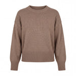 graced Eloise taupe crew neck sweater featuring a relaxed fit, dropped shoulders, and wide ribbed cuffs and hem.