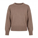 graced Eloise taupe crew neck sweater featuring a relaxed fit, dropped shoulders, and wide ribbed cuffs and hem.