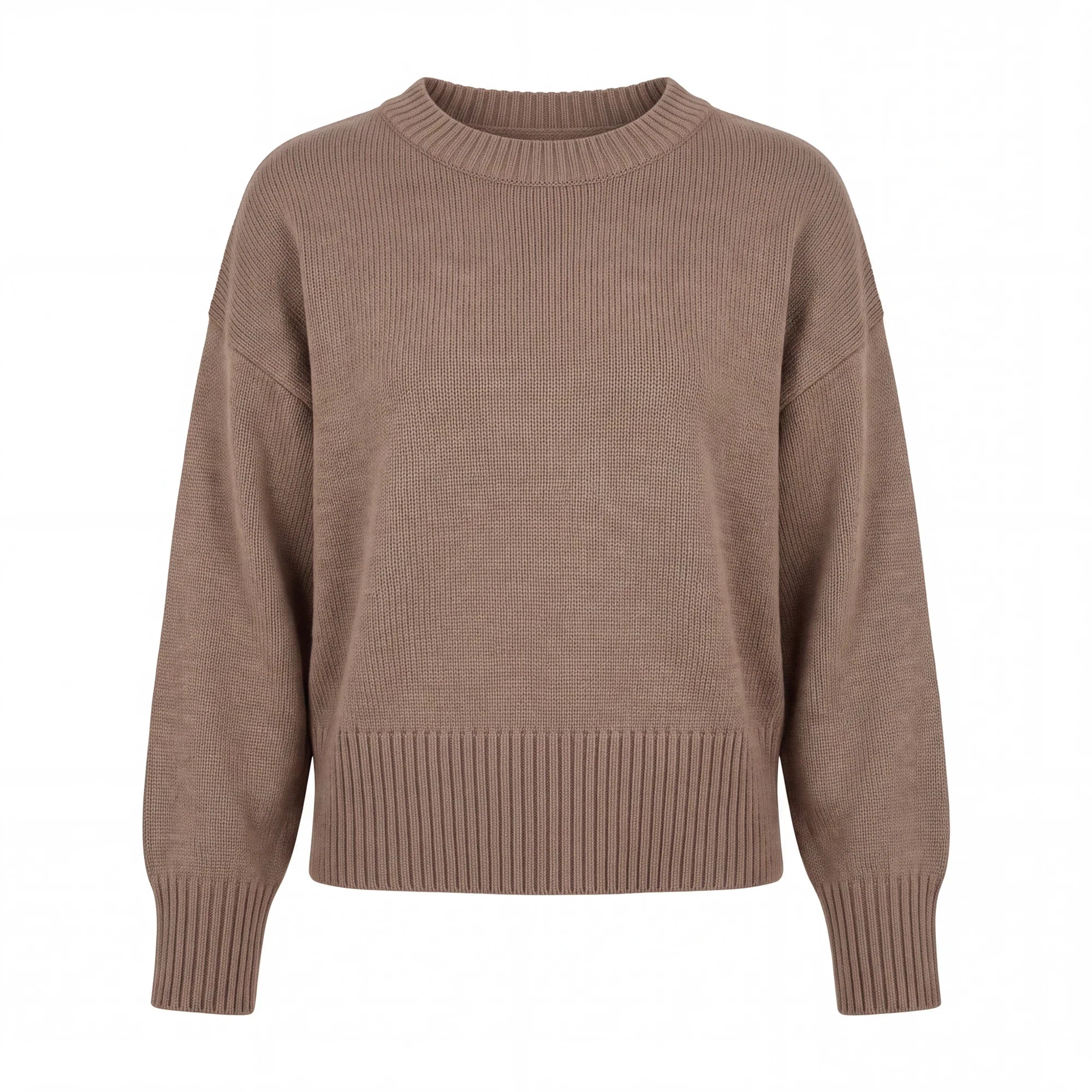 graced Eloise taupe crew neck sweater featuring a relaxed fit, dropped shoulders, and wide ribbed cuffs and hem.