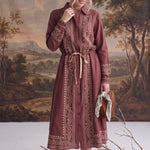 graced midi dress in dark mauve with cream contrast embroidery, button front, and adjustable drawstring waist