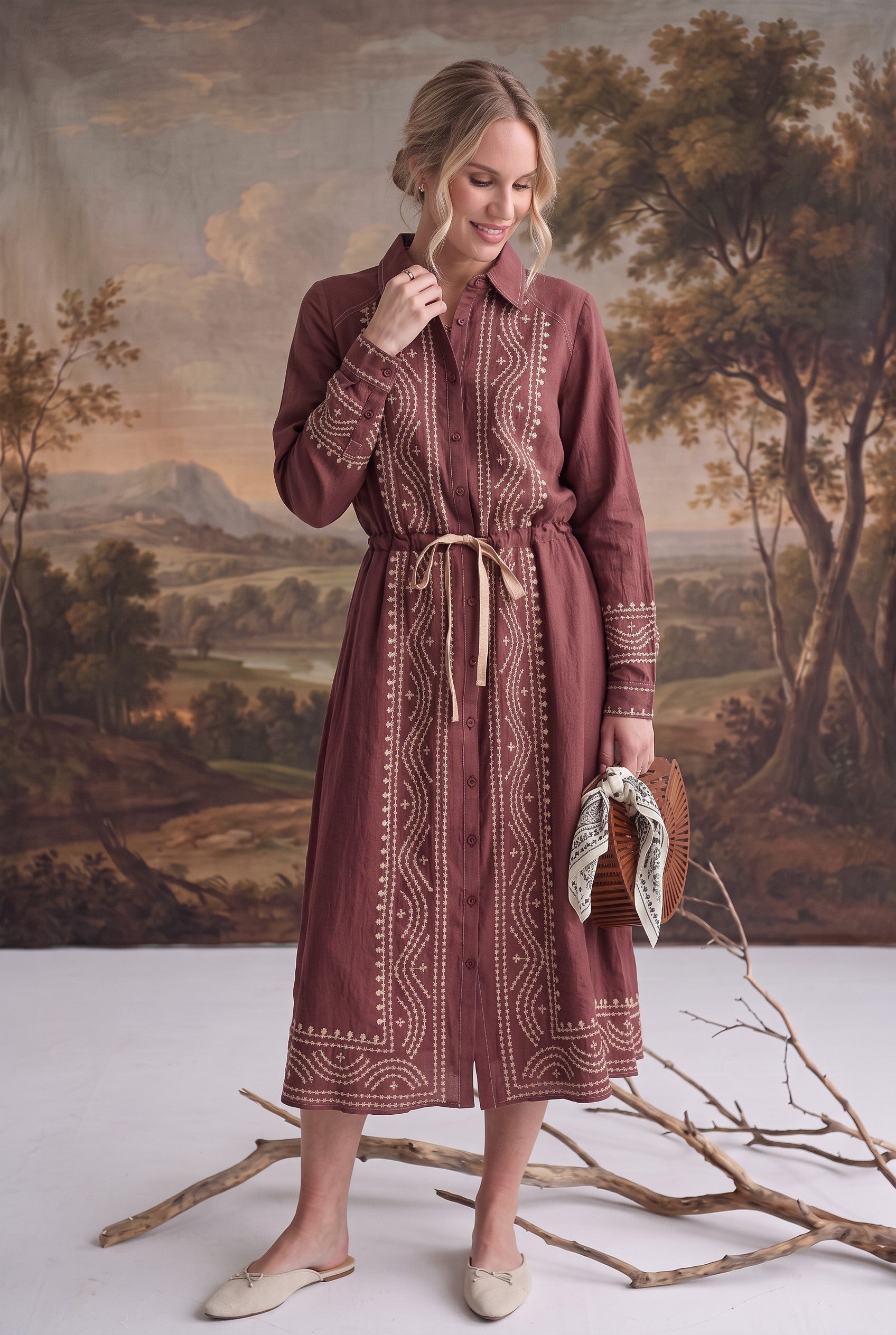 graced midi dress in dark mauve with cream contrast embroidery, button front, and adjustable drawstring waist
