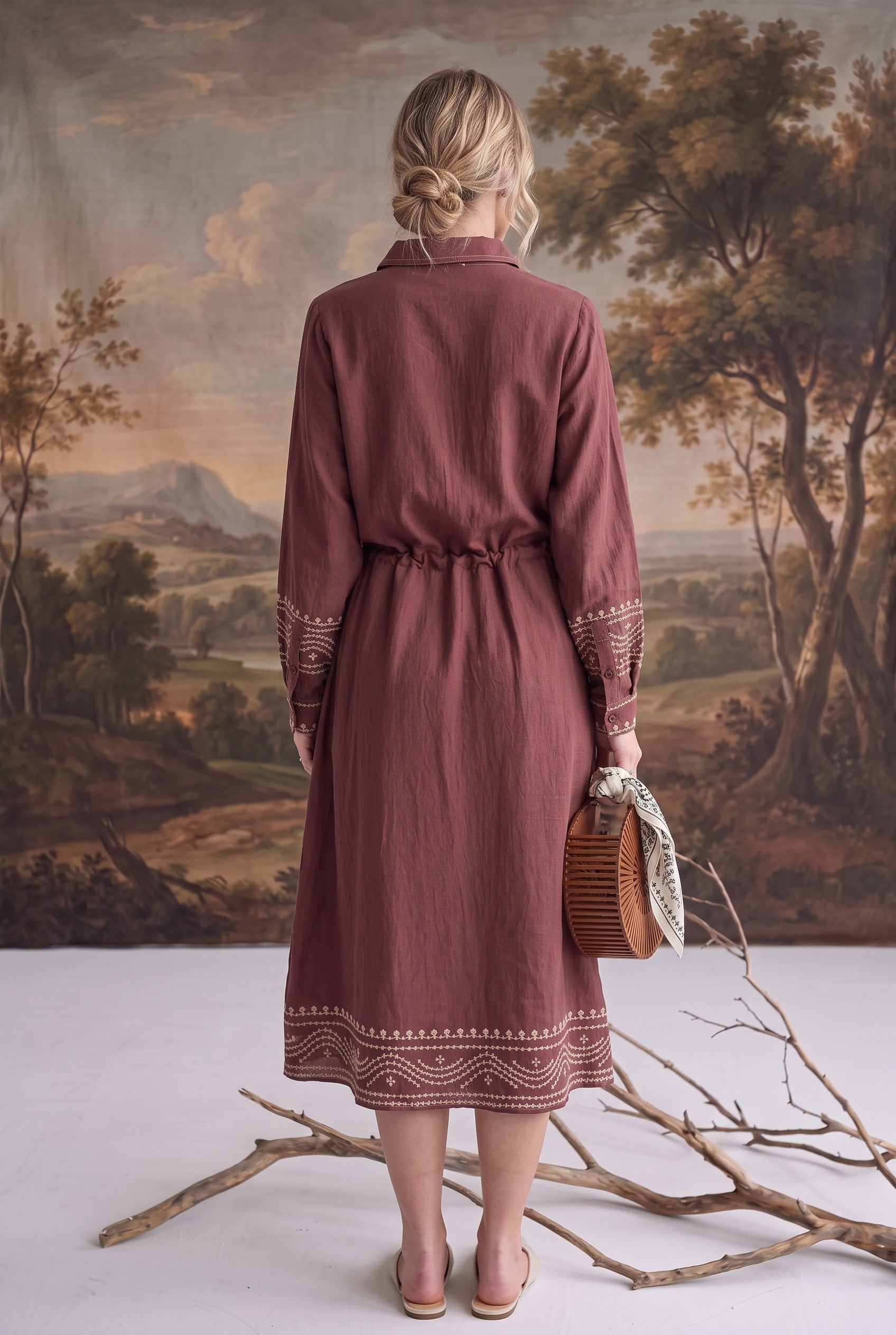 graced embroidered button front midi dress in maroon with long sleeves, drawstring waist, and contrast detailing