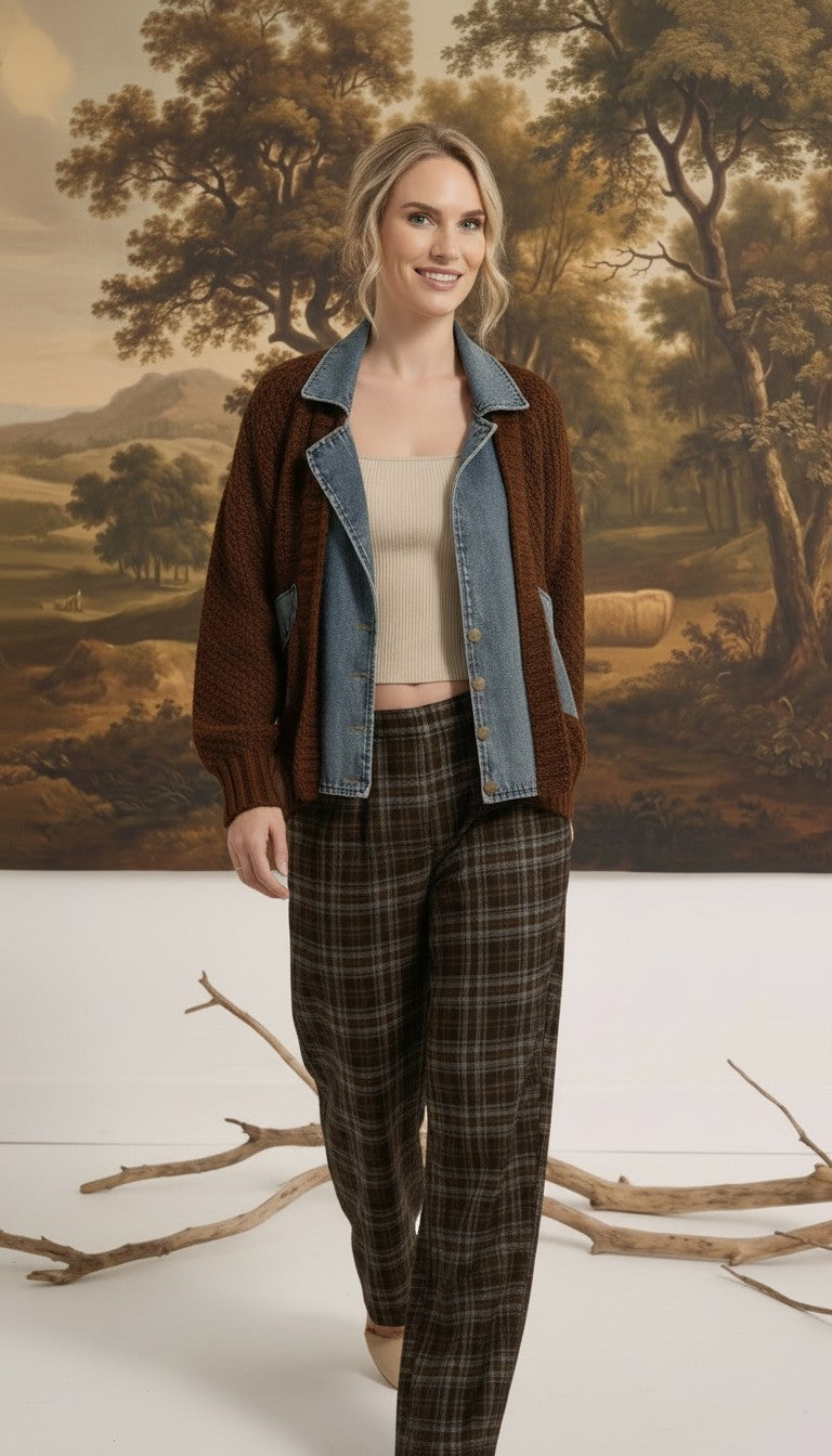 graced Emilie cable knit jacket in brown with denim trim worn by a model with plaid trousers