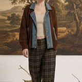 graced Emilie cable knit jacket in brown with denim trim worn by a model with plaid trousers