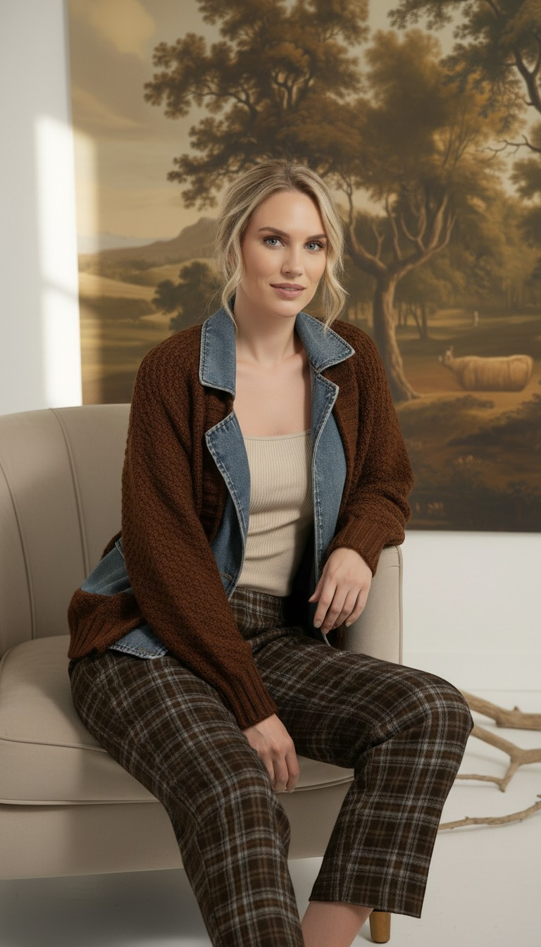 graced Emilie cable knit jacket in brown with denim collar and cuffs worn by a blonde model sitting on a chair