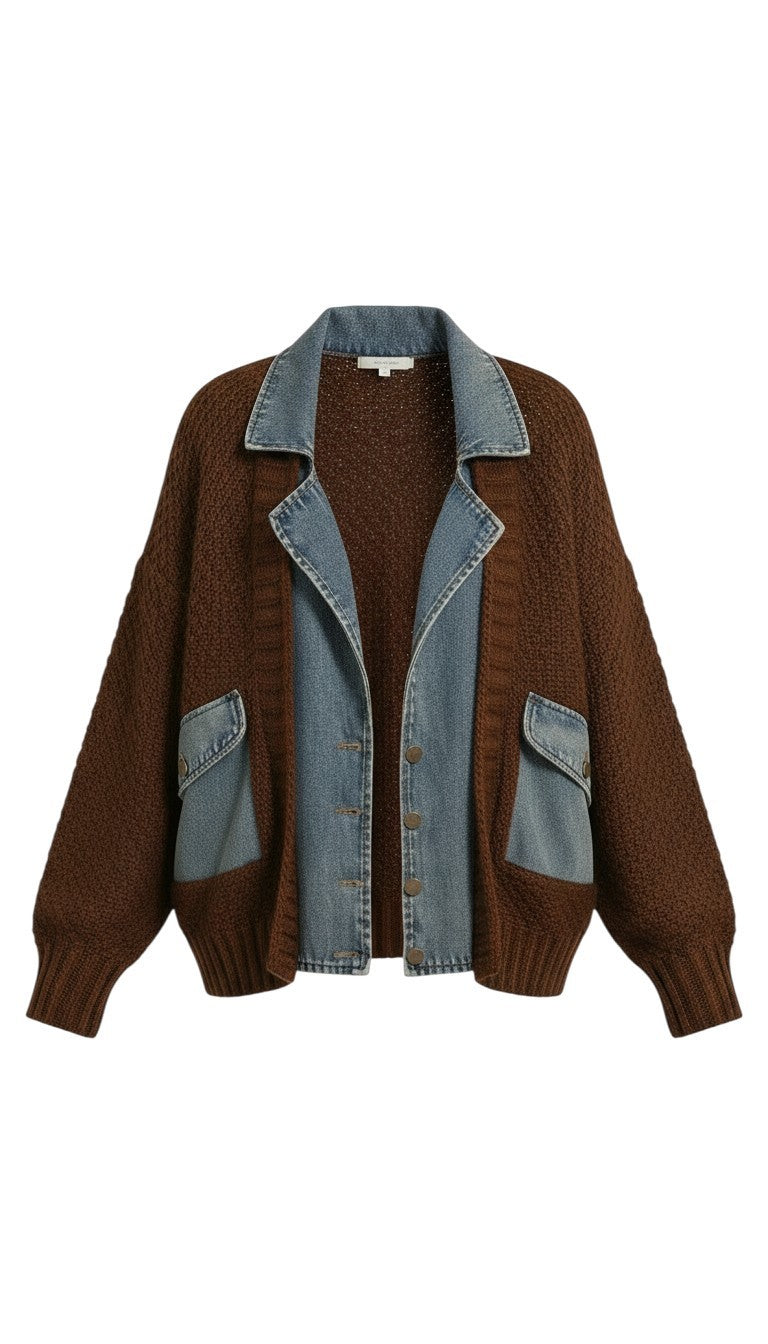 graced Emilie jacket featuring a brown cable knit body with contrasting blue denim collar and pocket trim details.