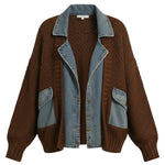 graced Emilie jacket featuring a brown cable knit body with contrasting blue denim collar and pocket trim details.
