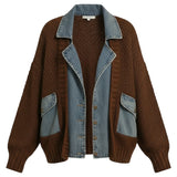 graced Emilie jacket featuring a brown cable knit body with contrasting blue denim collar and pocket trim details.