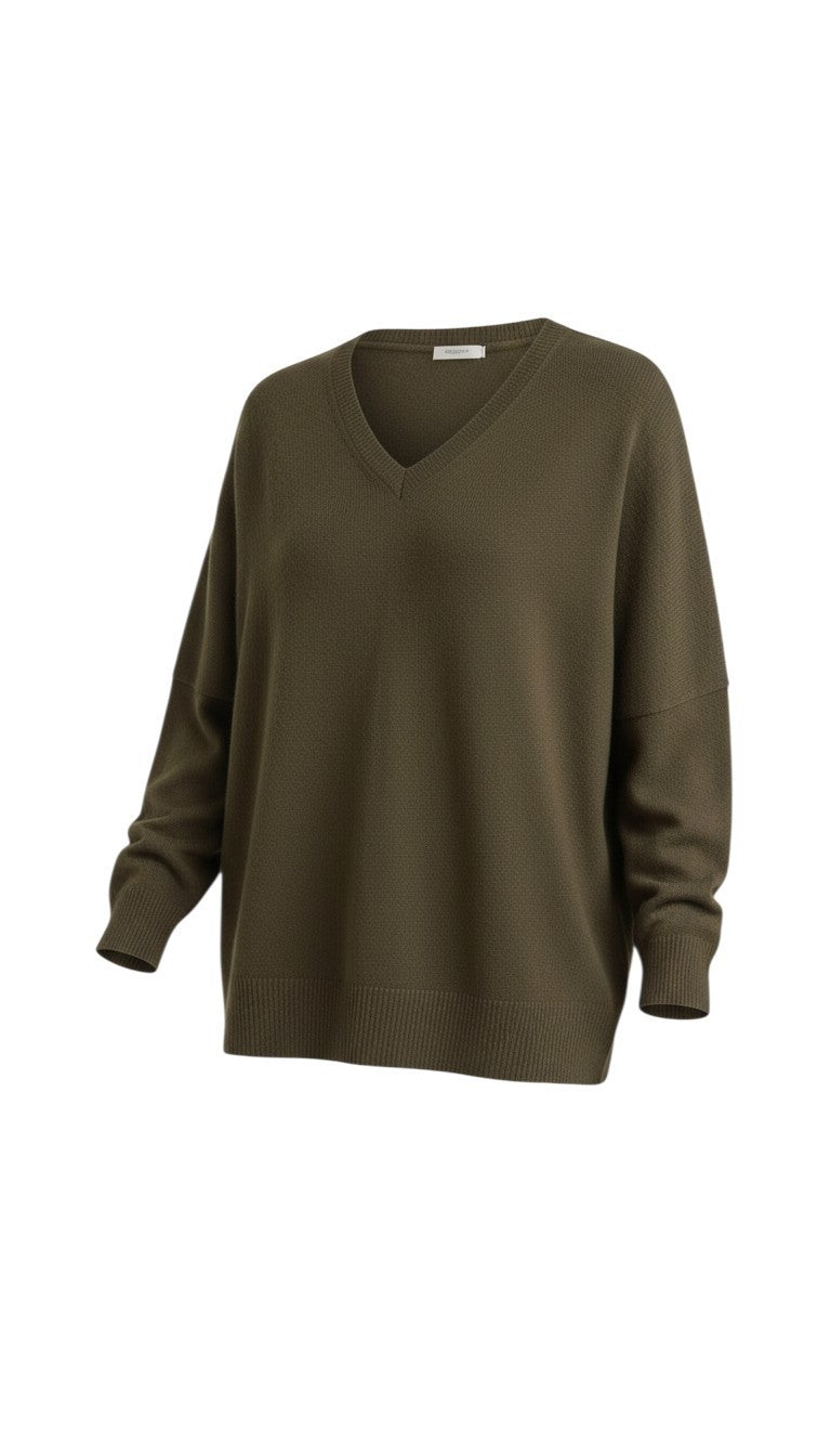 graced Lyn espresso brown V-neck sweater with a relaxed batwing sleeve silhouette in a soft lightweight knit fabric