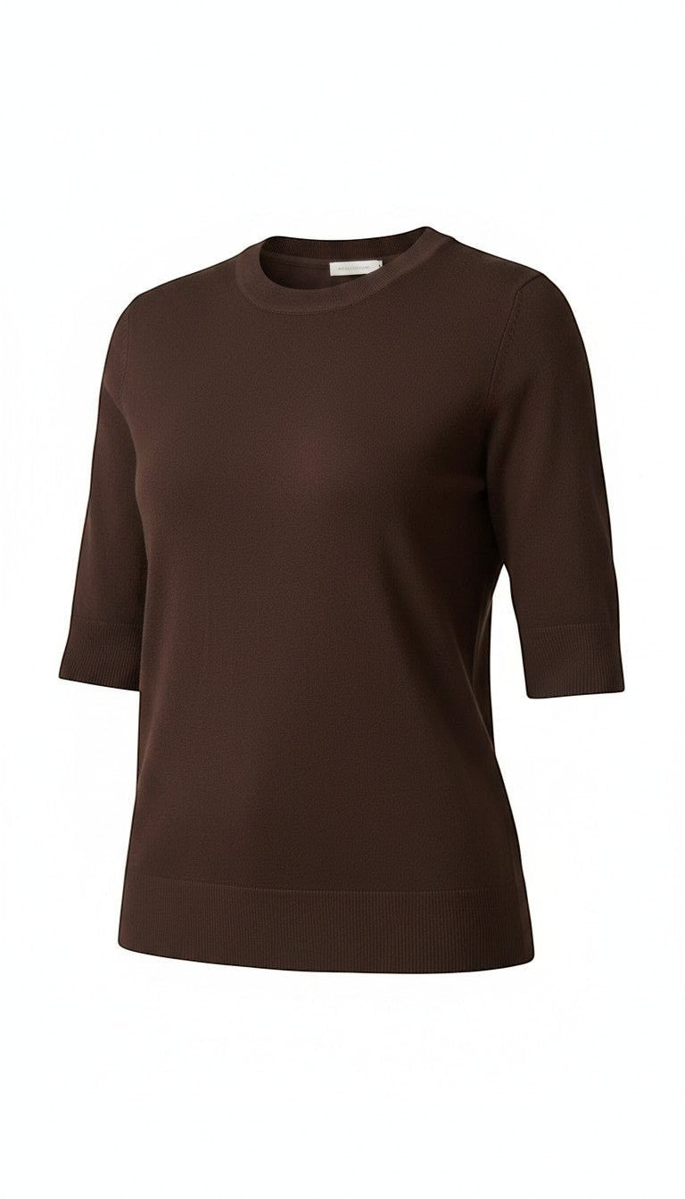 graced espresso brown short sleeve knit top with a classic crew neckline and ribbed hem in a soft viscose blend