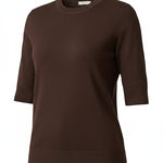 graced espresso brown short sleeve knit top with a classic crew neckline and ribbed hem in a soft viscose blend