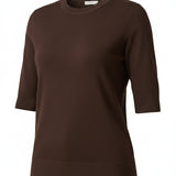graced espresso brown short sleeve knit top with a classic crew neckline and ribbed hem in a relaxed fit