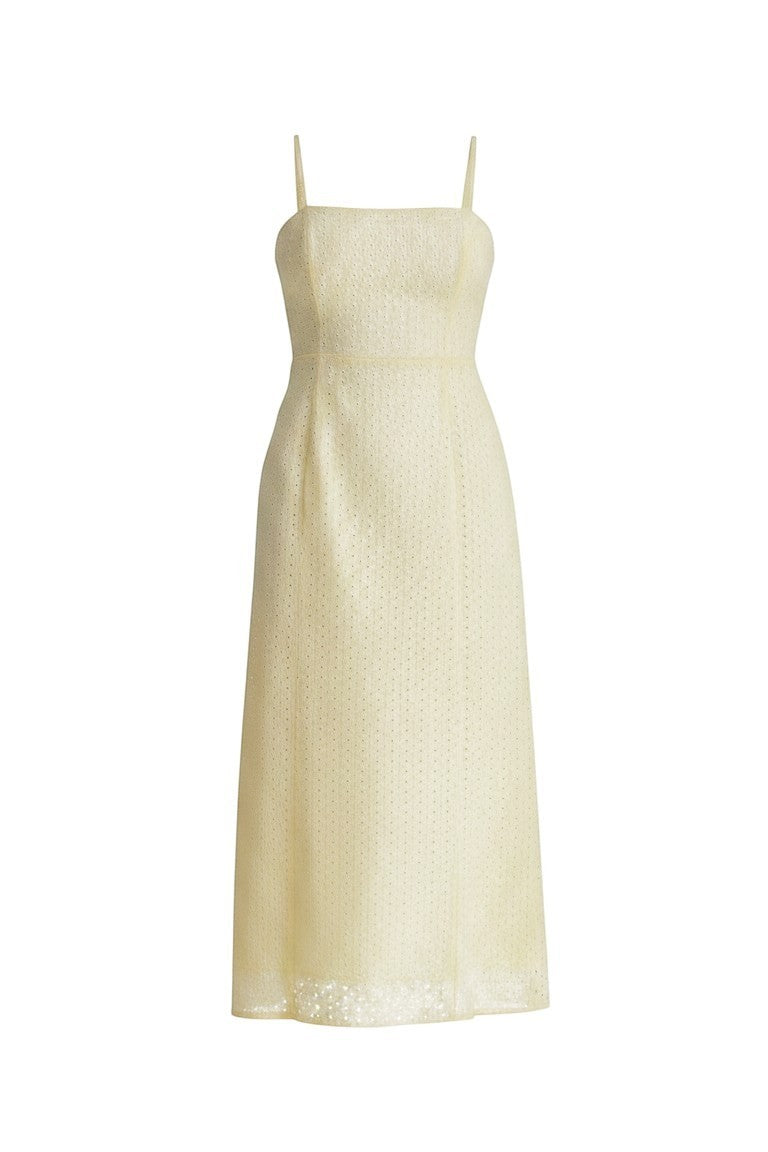 Allie Rose eyelet tie-back midi dress with sleeveless design, button front, and ruffled hem, perfect for summer or casual occasions.