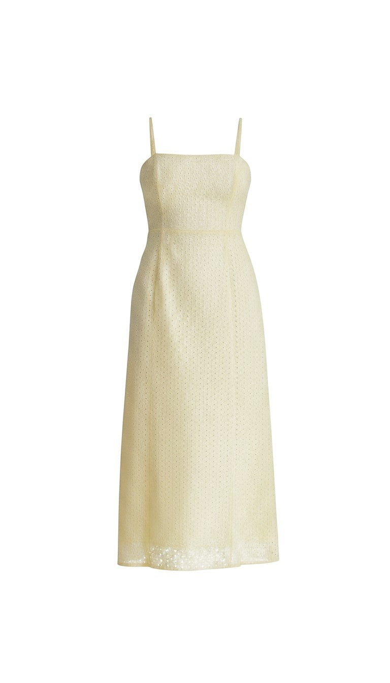 Allie Rose eyelet tie-back midi dress with sleeveless design, button front, and ruffled hem, perfect for summer or casual occasions.