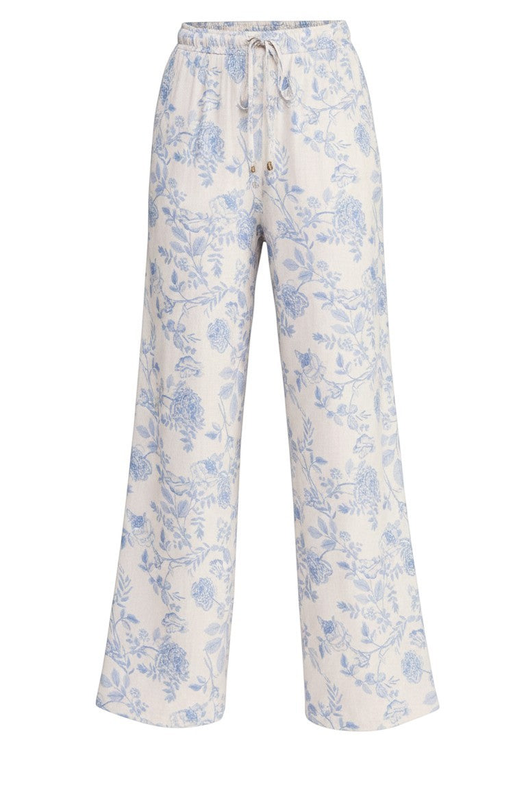 Allie Rose floral linen wide-leg pants featuring a vibrant floral pattern and relaxed fit for casual and summer wear.