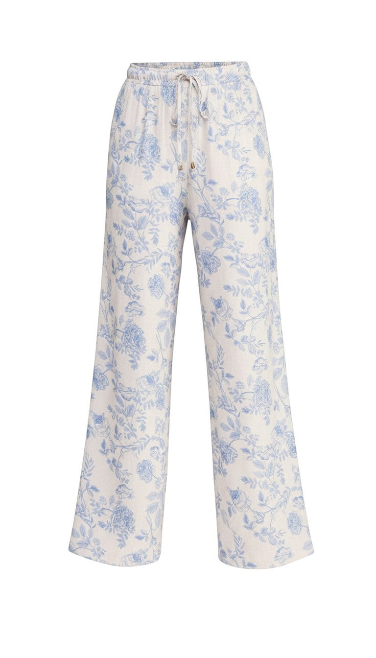 Allie Rose floral linen wide-leg pants featuring a vibrant floral pattern and relaxed fit for casual and summer wear.