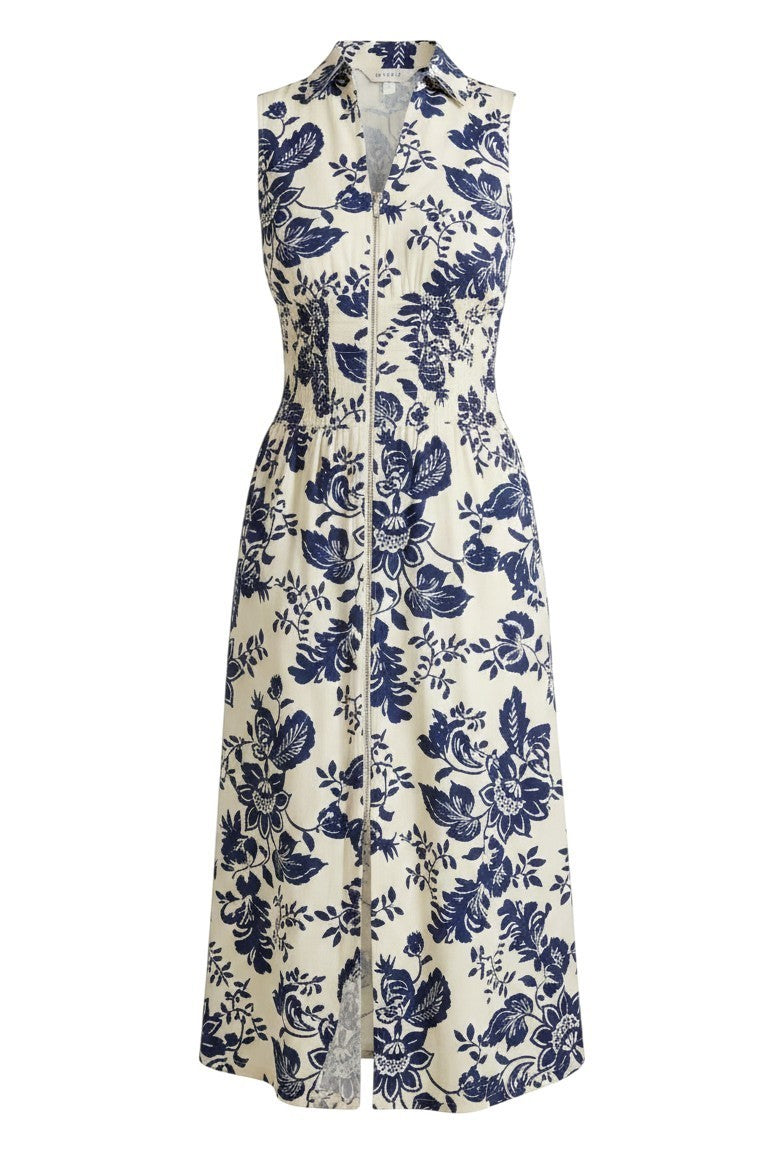 Doe and Rae V-neck smocked waist midi dress with floral print, featuring a flowing skirt and elegant design.