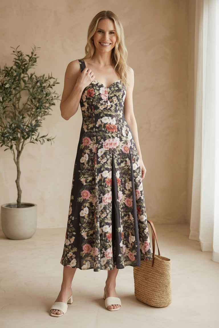 Forte floral panel midi dress with billowy sleeves and a fitted waist, featuring a vibrant floral pattern on soft fabric.