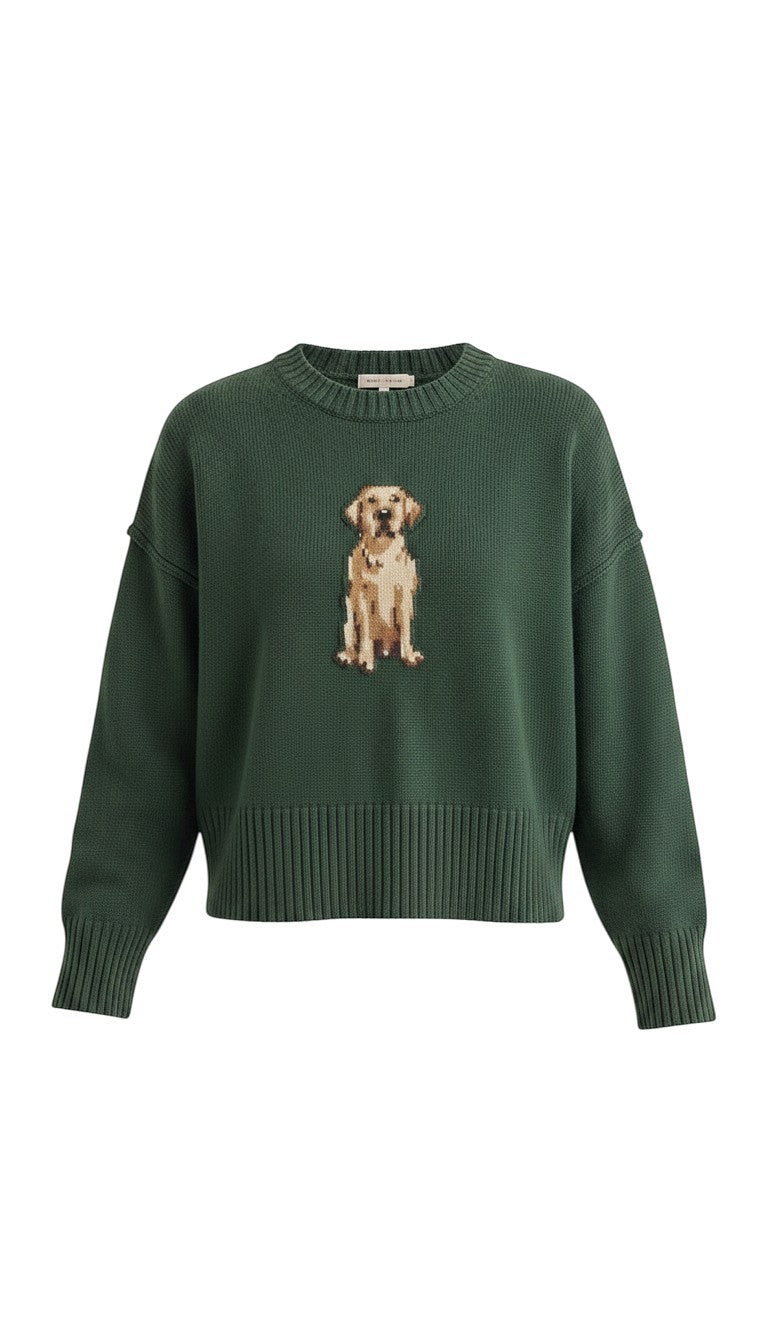 graced forest green knit pullover sweater featuring a golden retriever dog graphic on the front