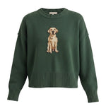 graced forest green knit pullover sweater featuring a golden retriever dog graphic on the front