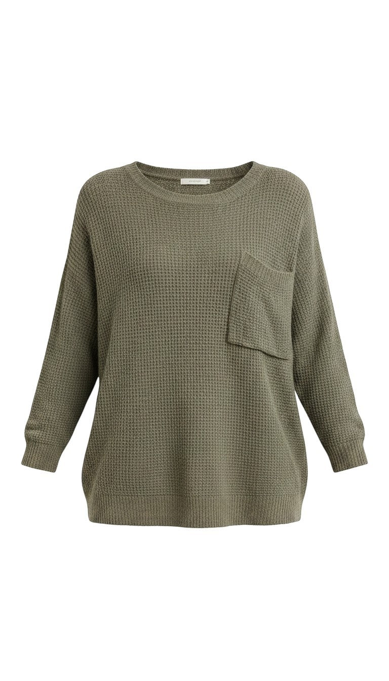 graced forest green dolman long sleeve knit sweater with a waffle texture and a single chest pocket