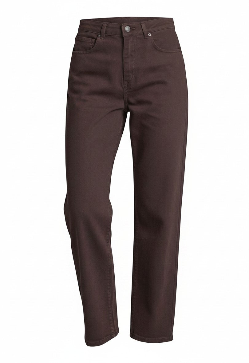 graced high rise straight leg denim jeans in a deep brown shade with a structured fit