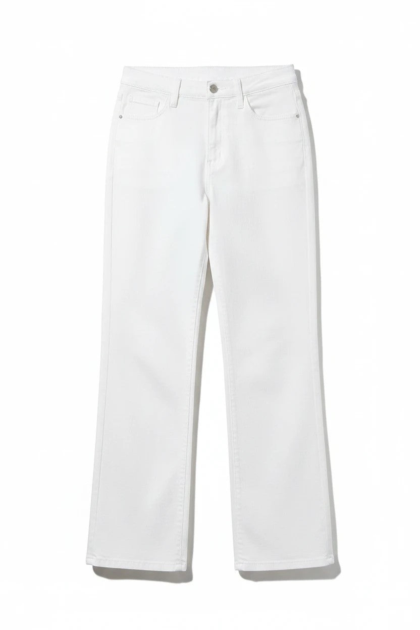 graced High Rise Wide Leg Jeans in white cotton blend with a 10" rise and 32" inseam.
