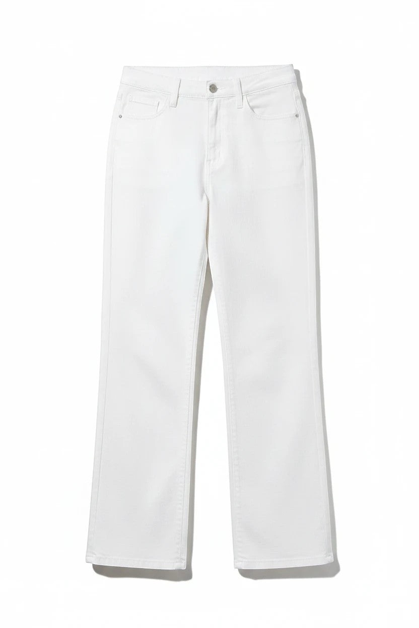 graced High Rise Wide Leg Jeans in white cotton blend with a flattering fit and wide leg design.