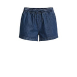 graced blue denim high-waisted shorts with elastic waistband and adjustable tie closure. 90% cotton, 10% polyester.