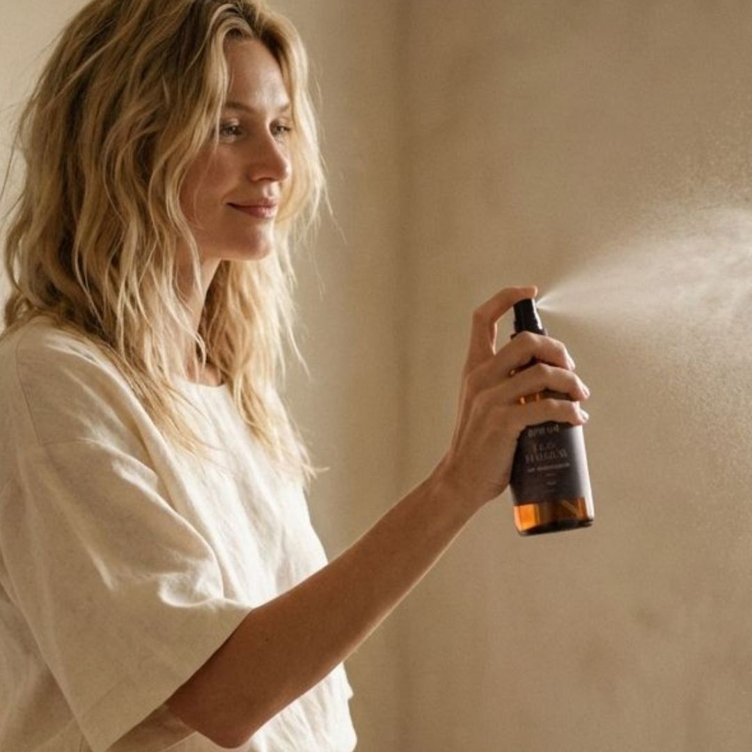Woman holding a spray bottle against a beige wall