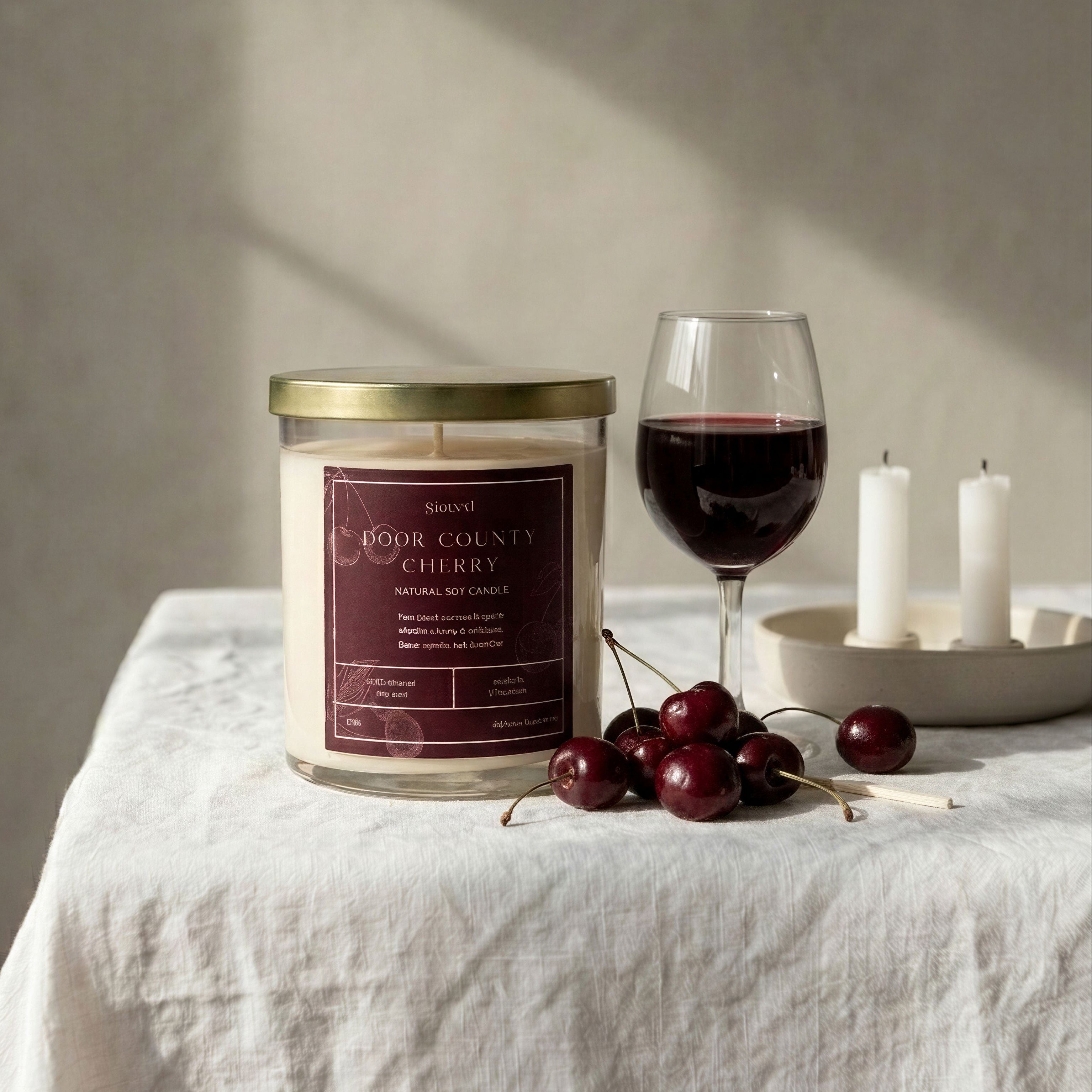 Candle labeled 'Door County Cherry' on a table with a glass of red wine and cherries.