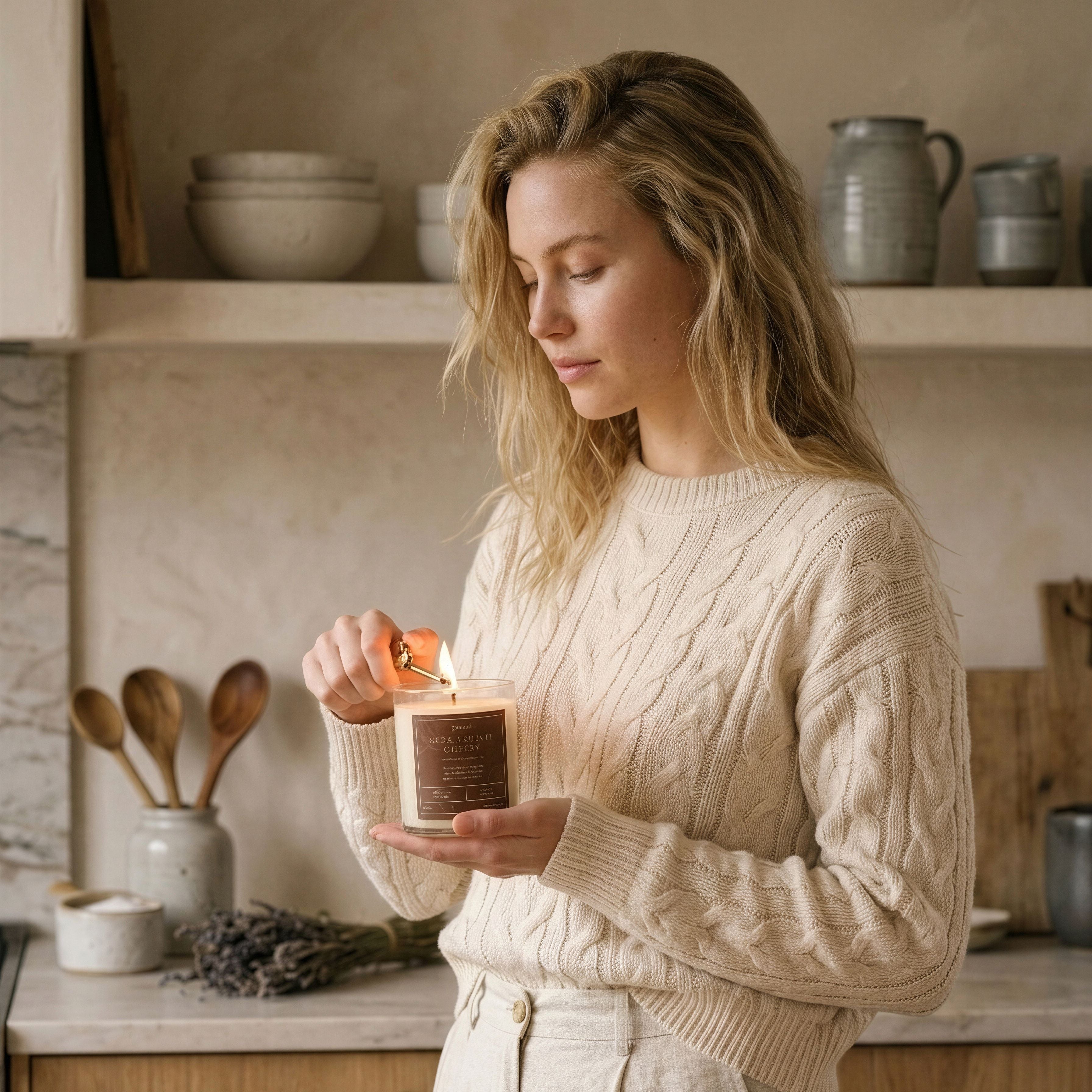 Woman in a cozy sweater holding a lit candle in a kitchen setting