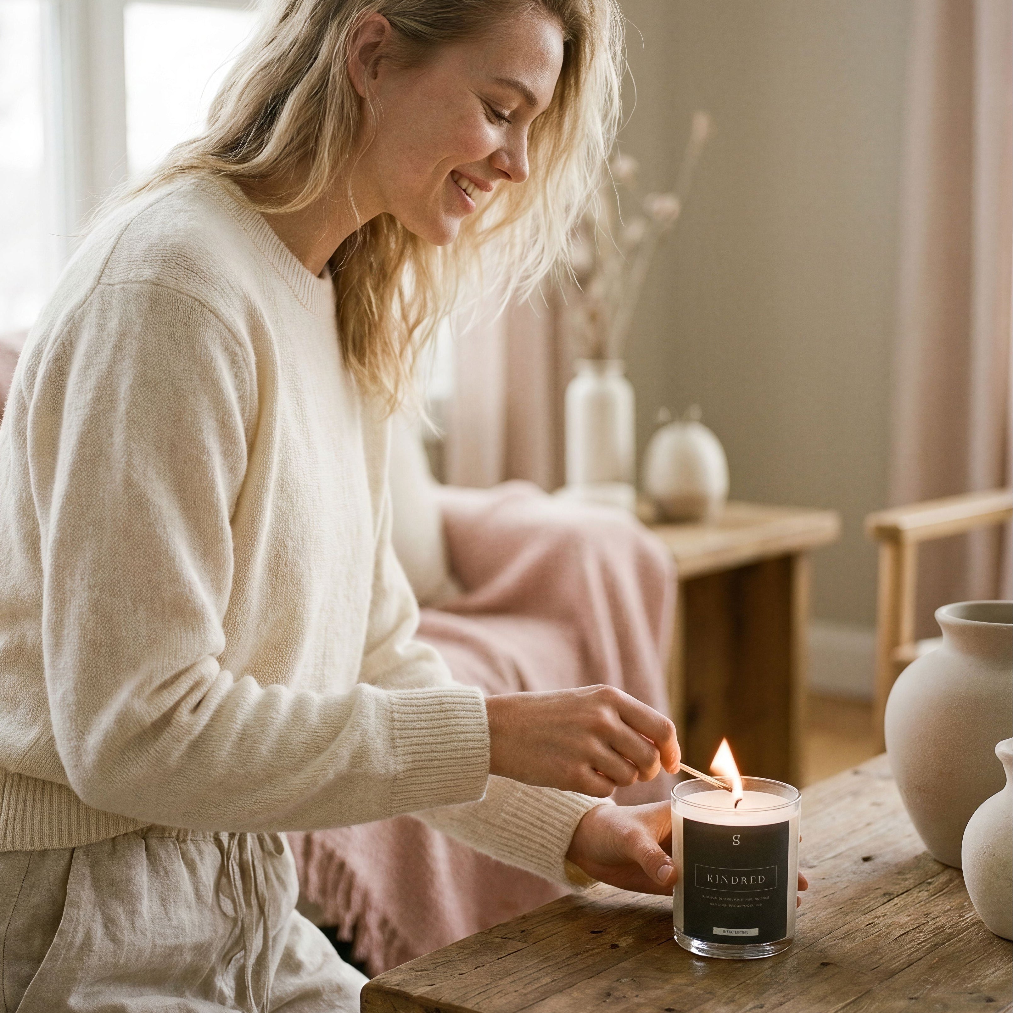 Graced Kindred home fragrance candle in a sleek container, perfect for cozy ambiance and decorative décor.