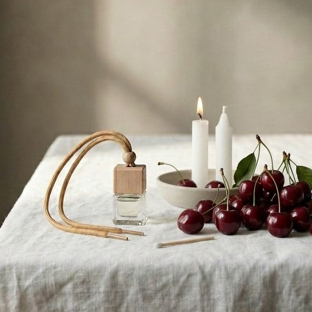 Table setting with candles, cherries, and a diffuser on a white tablecloth.