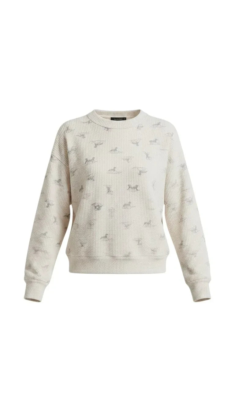 graced The Courtney Horse Textured Top in cream with a subtle grey horse motif, featuring a quilted crew neck design.