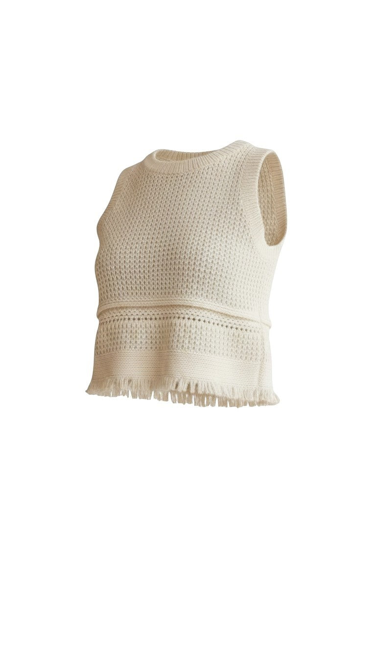 Ivory crochet tank top by Skies are Blue featuring fringe detail, casual sleeveless top for warm weather.