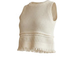 Ivory crochet tank top by Skies are Blue featuring fringe detail, casual sleeveless top for warm weather.