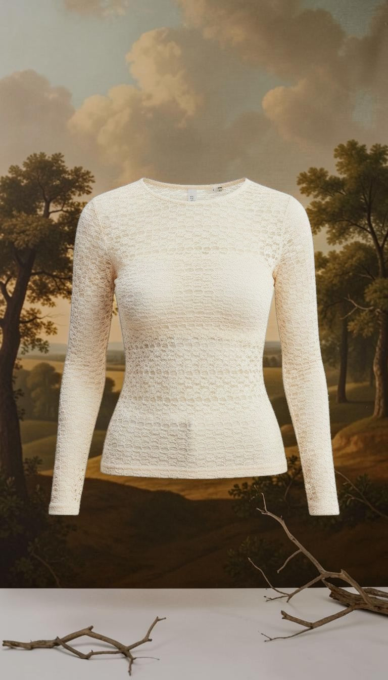 Ivory floral lace knit top by Forte, featuring delicate lace details and a soft, comfortable fabric perfect for casual wear.