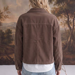 graced The Jess brown corduroy jacket worn by a blonde woman, back view showing relaxed fit and classic collar