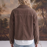 graced The Jess brown corduroy jacket worn by a blonde woman, back view showing relaxed fit and classic collar