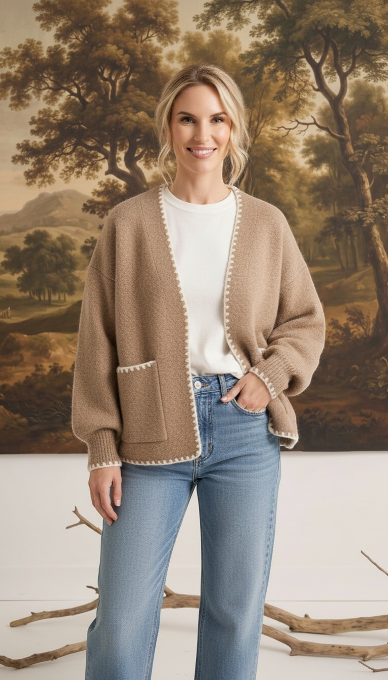 Model wearing a graced The Judy Open Cardigan in beige with white contrast stitching and front pockets over jeans.