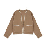 graced The Judy Open Cardigan in brown with white contrast whipstitch trim, open front, and two front pockets.