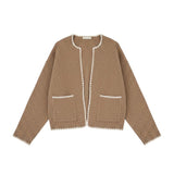 graced The Judy Open Cardigan in brown with white contrast whipstitch trim, open front, and two front pockets.