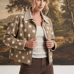 graced Julia canvas twill jacket in tan with white polka dots and a gingham collar worn by a model