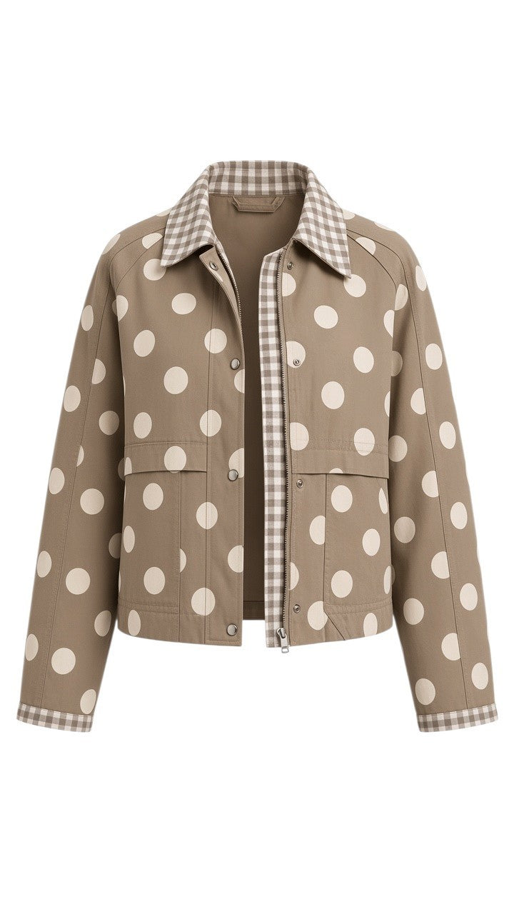 graced Julia canvas twill jacket in taupe with white polka dots and gingham collar and cuff lining