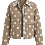 graced Julia canvas twill jacket in taupe with white polka dots and gingham collar and cuff lining