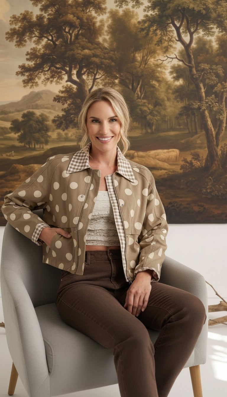 graced Julia canvas twill jacket in tan with white polka dots and a gingham collar, worn by a smiling woman