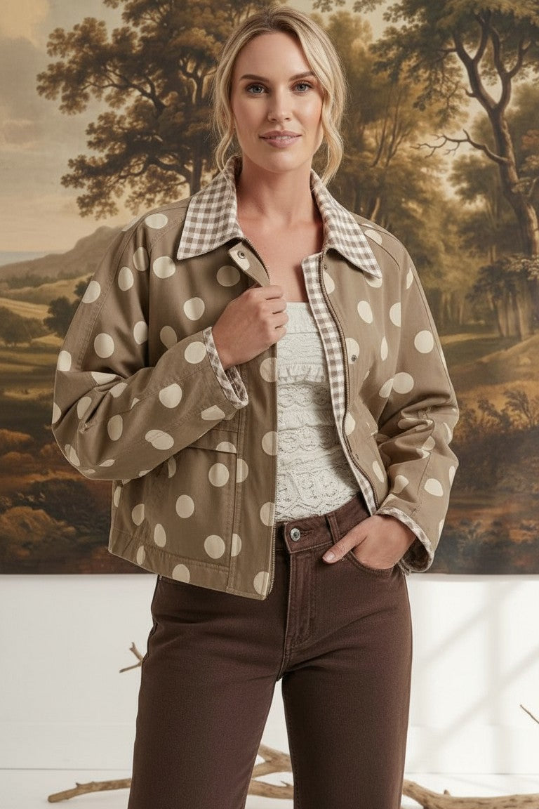 graced Julia canvas twill jacket in tan with white polka dots and a gingham collar worn by a blonde model